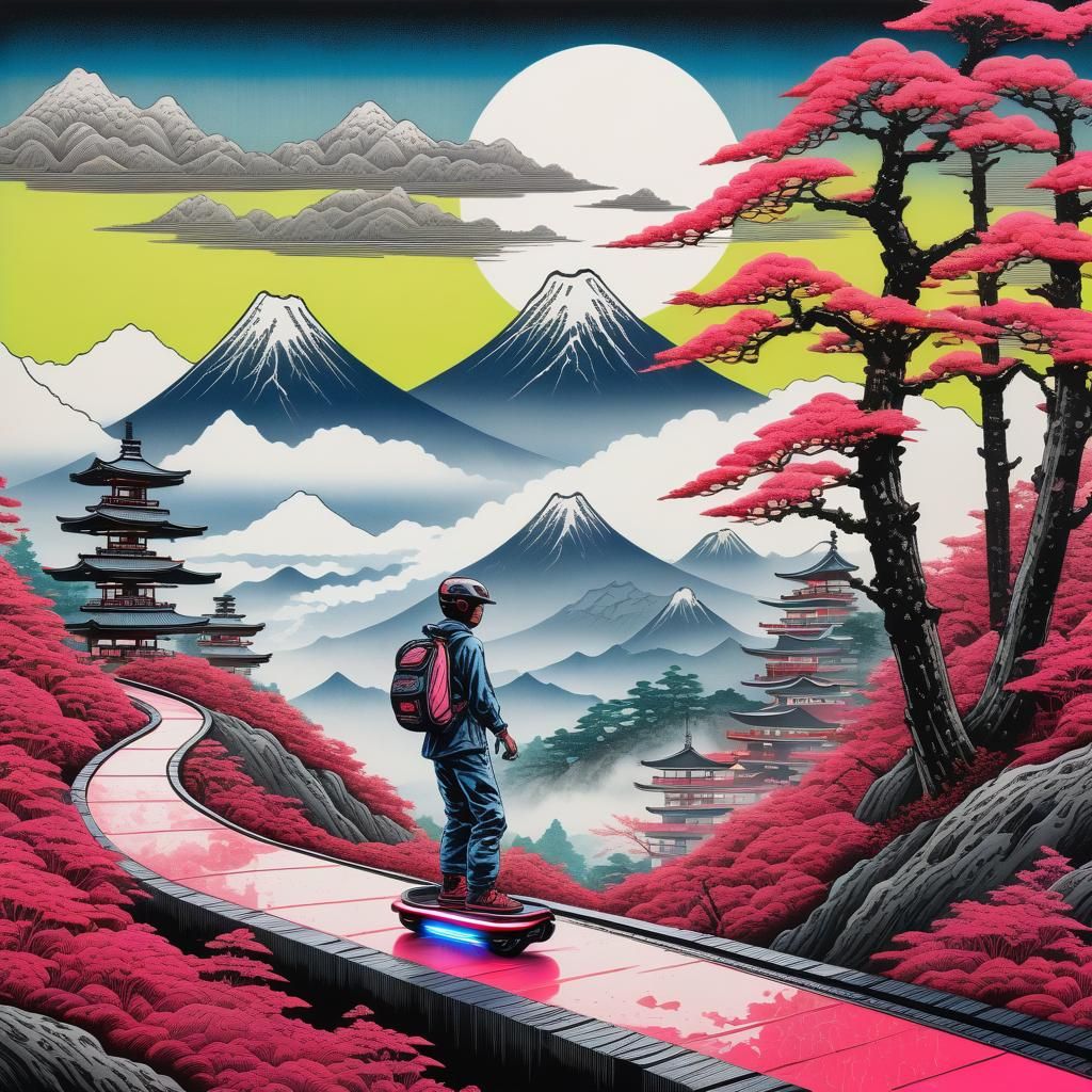 Vivid Ukiyo-e Mountain Landscape with Futuristic Travelers