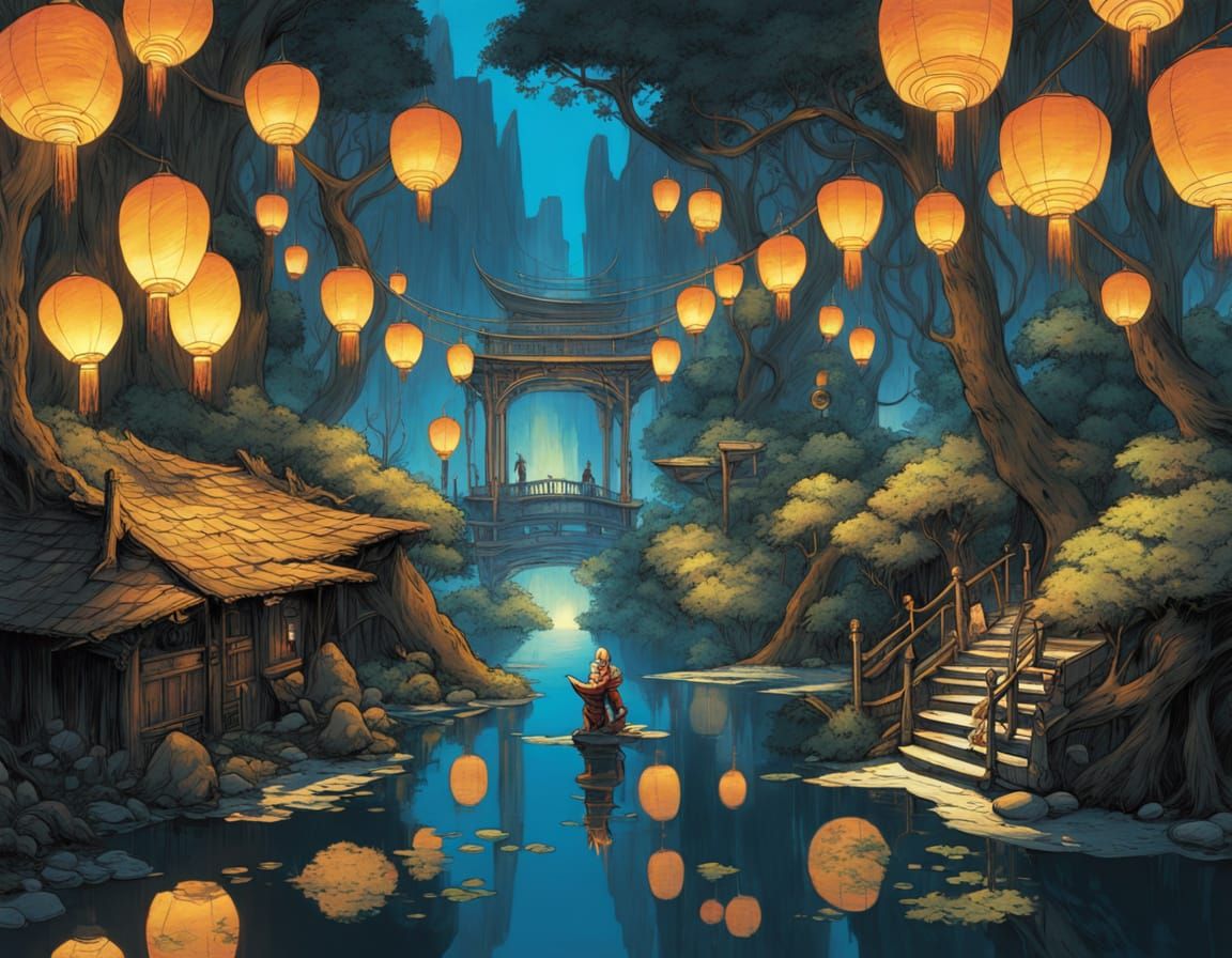 Mystical Forest River Aglow with Lanterns