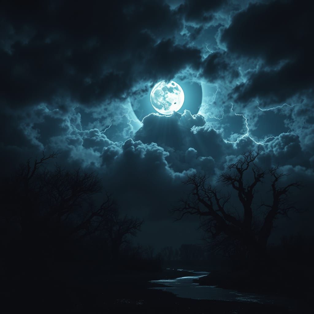 Stormy Night Sky with Glowing Moon and Lightning