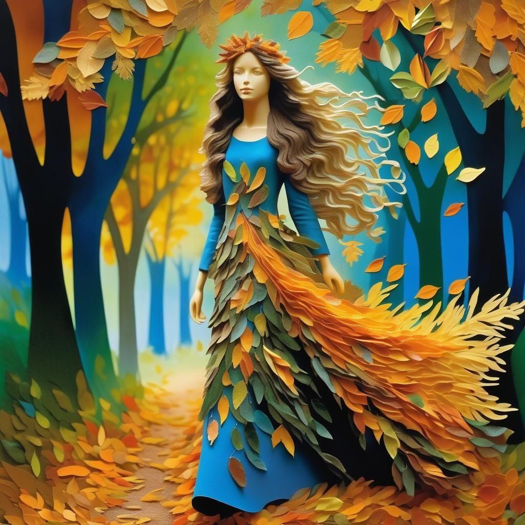 Surreal Autumn Girl in Paper-Cut Collage Style
