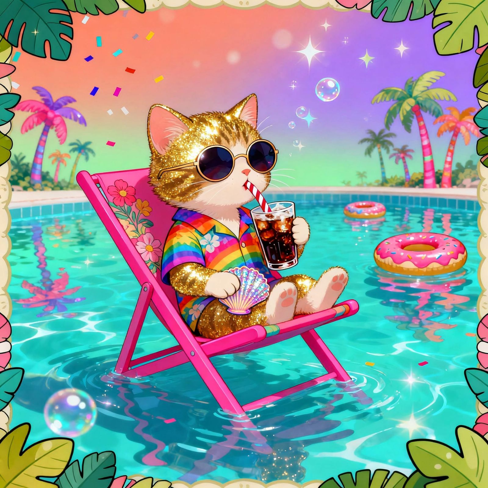 Baby Cat Enjoys Soda by Pool in Whimsical Style