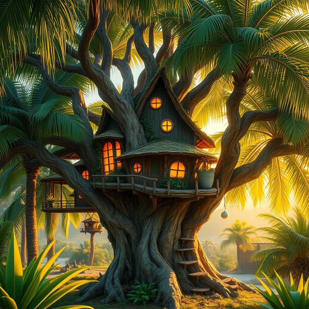 Whimsical Treehouse in Palm Grove, Miyazaki Style