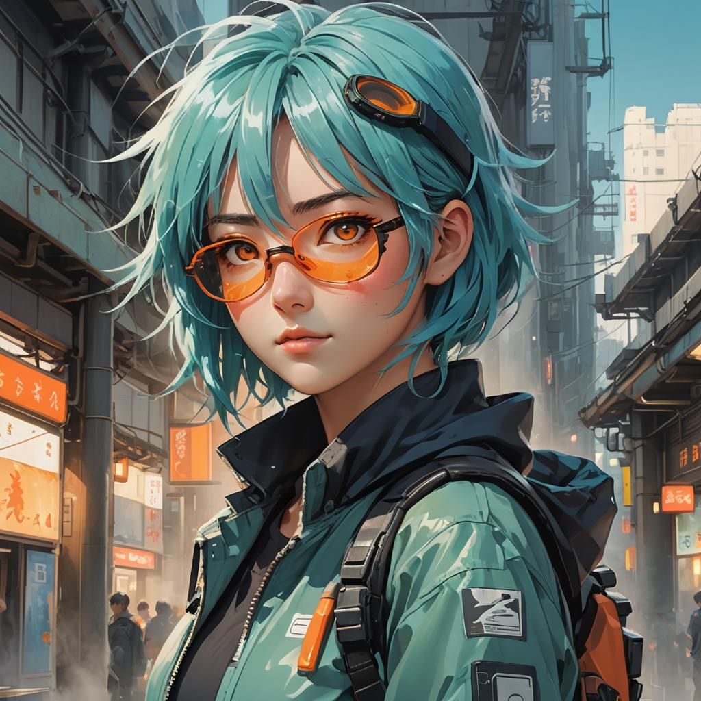 Aqua-Haired Girl with Goggles in Ghibli Style
