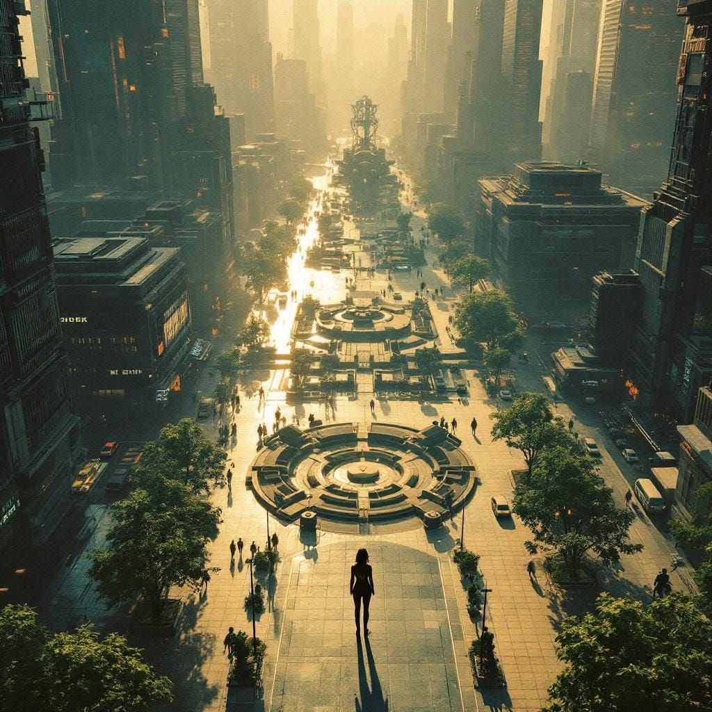 Overhead Cityscape with Woman in Cyberpunk Style