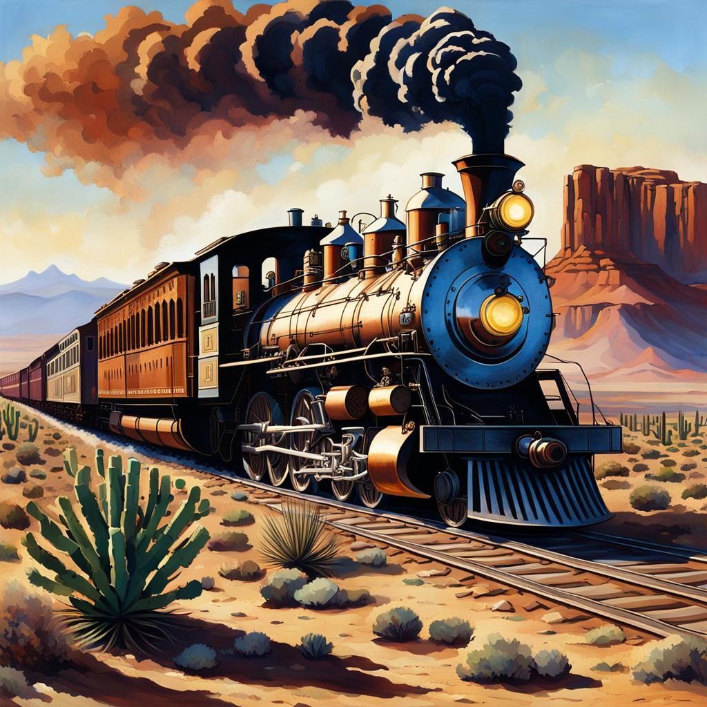 Cowgirl Races Steampunk Train in Desert