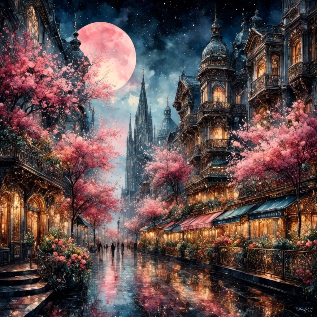 Watercolor Cityscape with Flowers in Gouache Style