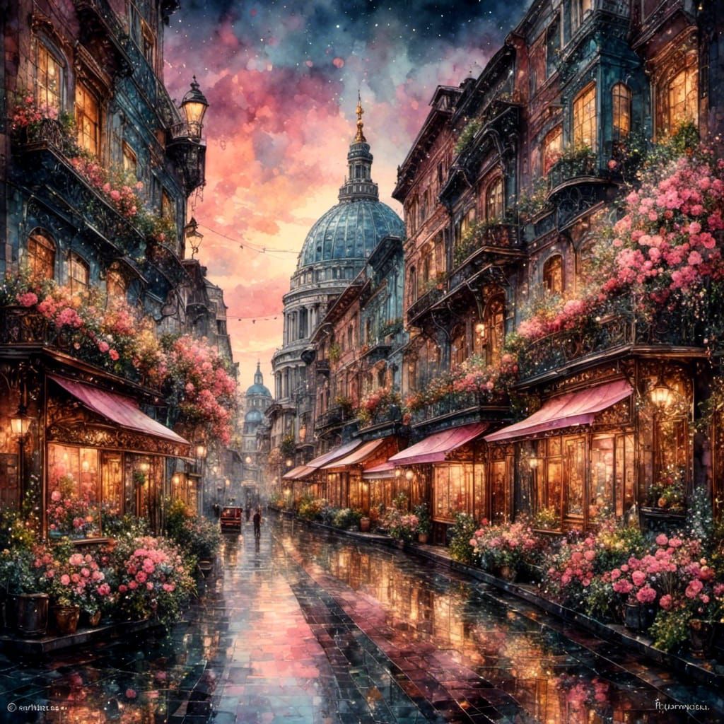 Floral Cityscape in Watercolor Style