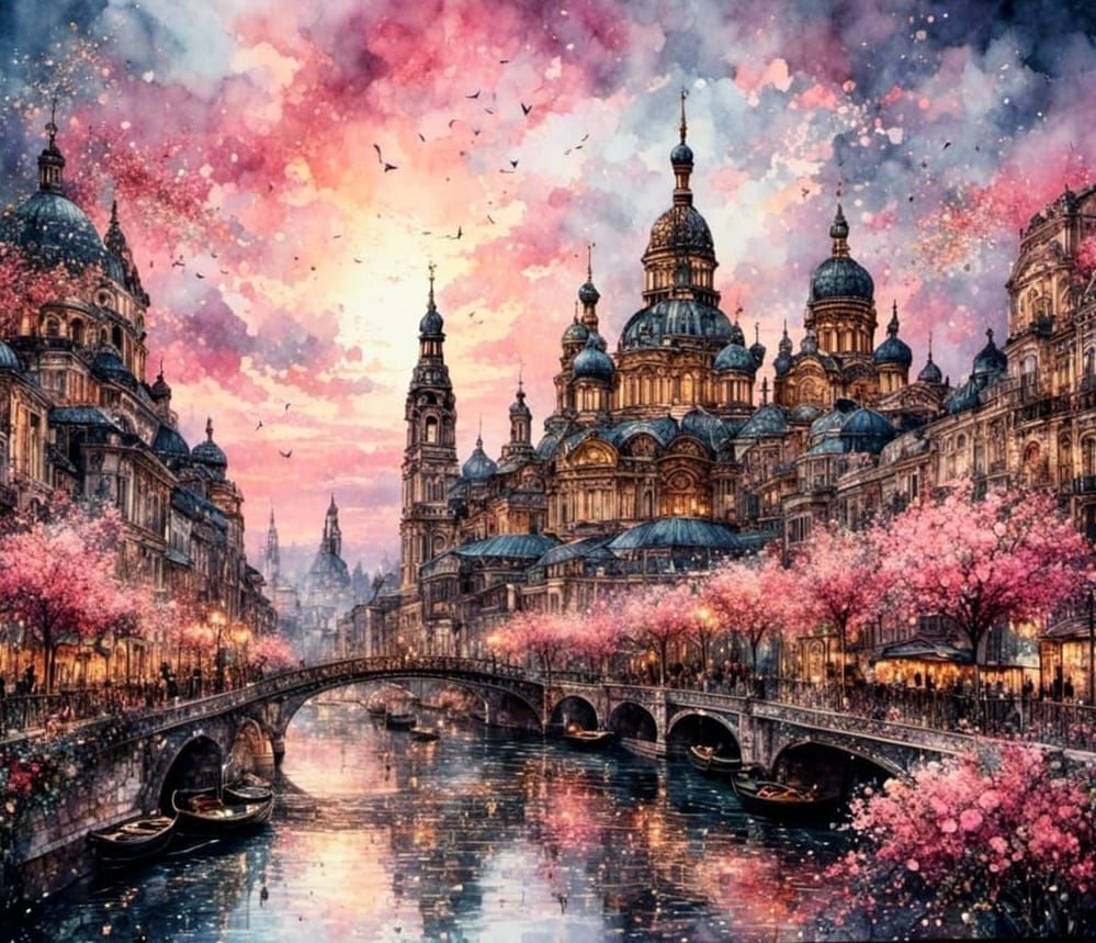 Cityscape Watercolor Painting with Flowers and Impasto Textu...