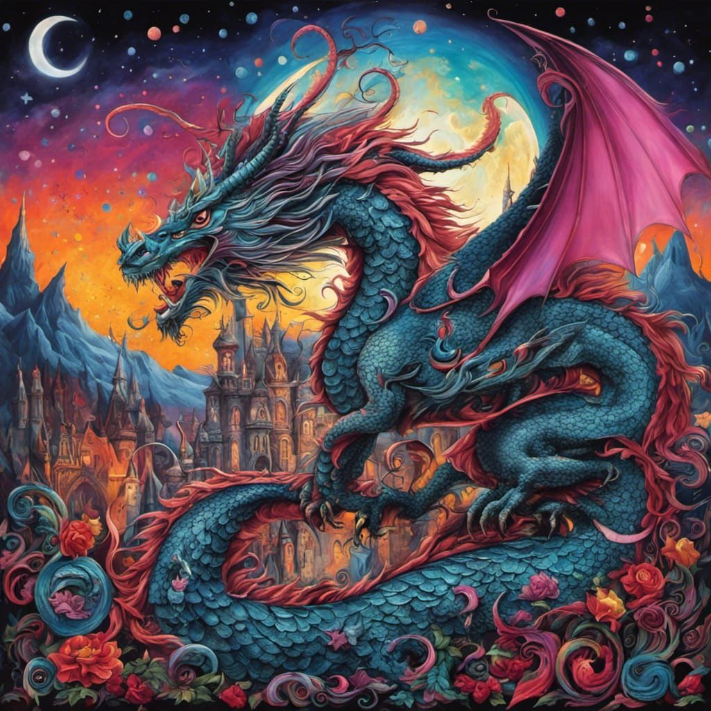 Gothic Dragon vs Unicorn in Tim Burton Style