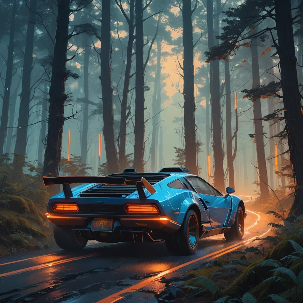 Futuristic Car Speeding Through Mystical Forest