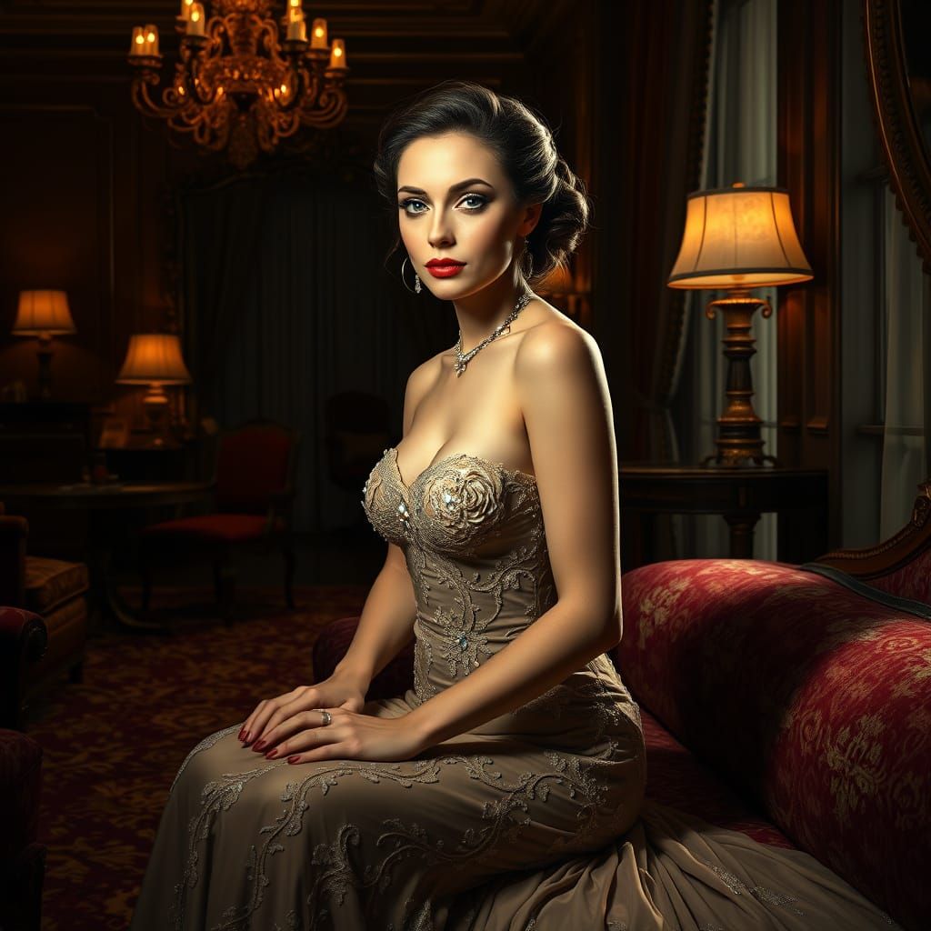 Elegant Woman in Opulent Hotel Room, Chiaroscuro Style