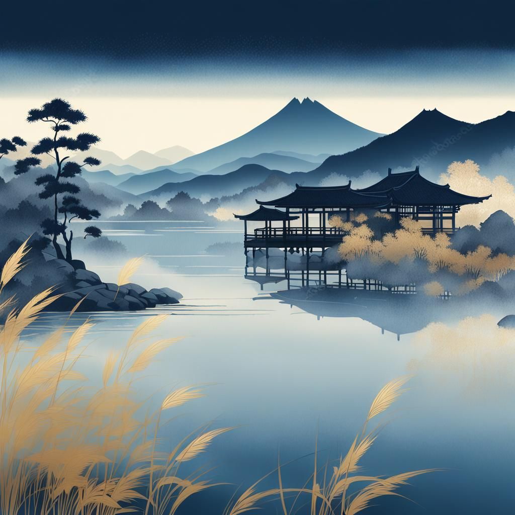 Ukiyo-e Landscape with Lake and Mountains