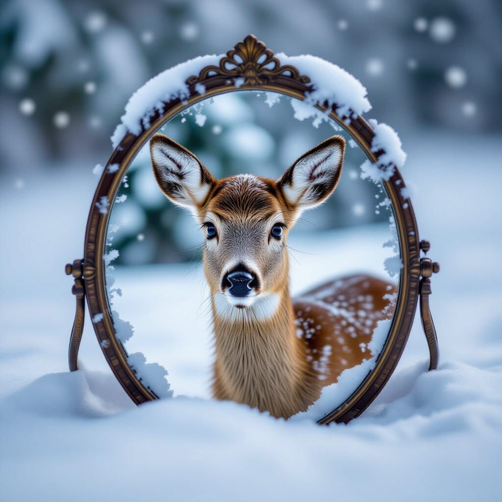 Antique Hand Mirror in Snow with Doe Reflection
