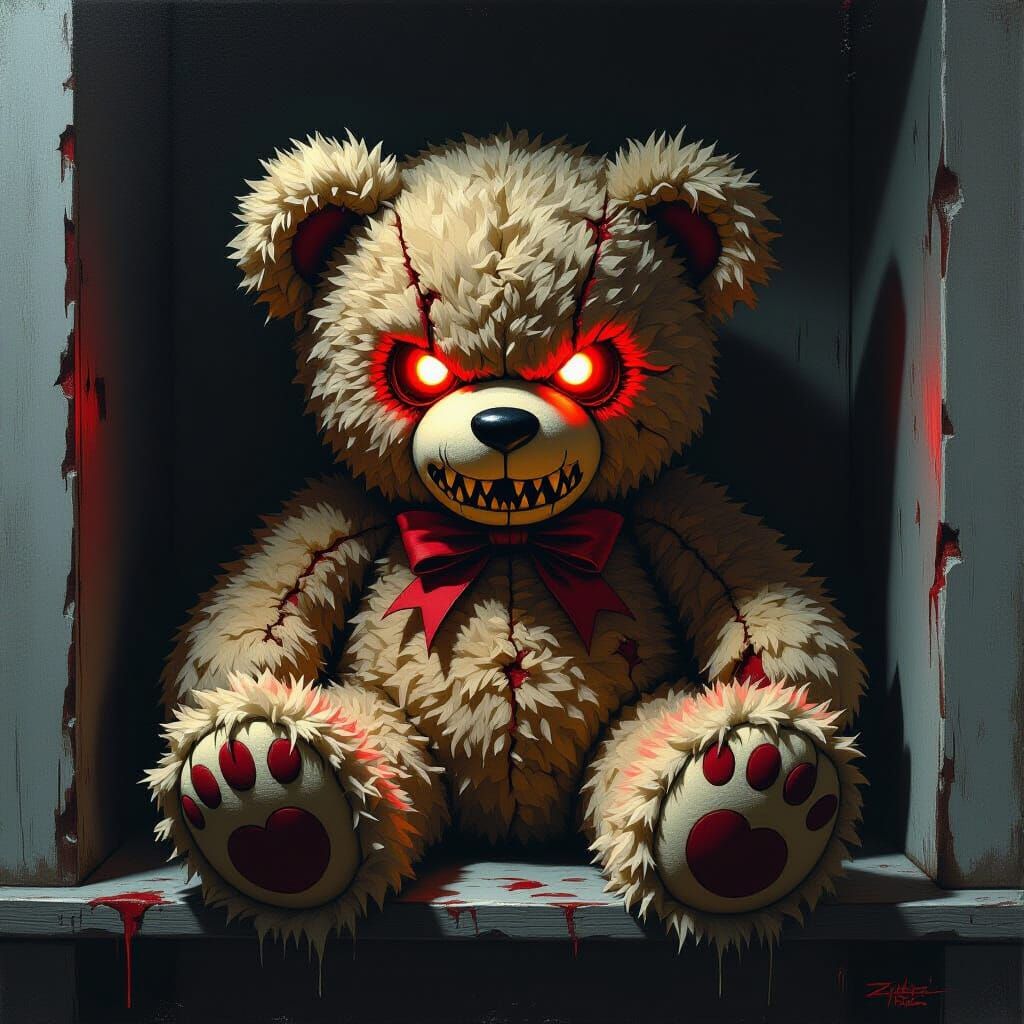 Menacing Teddy Bear with Glowing Eyes in Dark Style