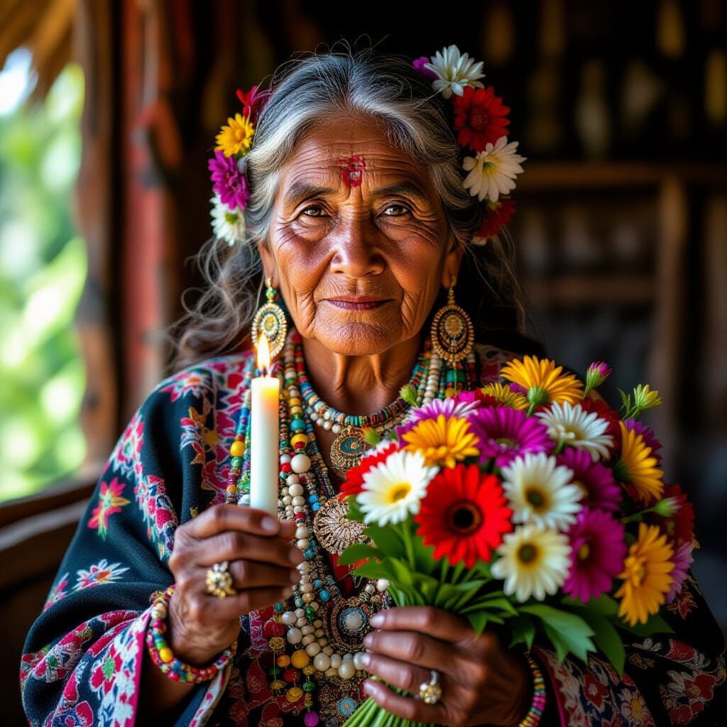 South American Woman with Candle in Hyperrealistic Style
