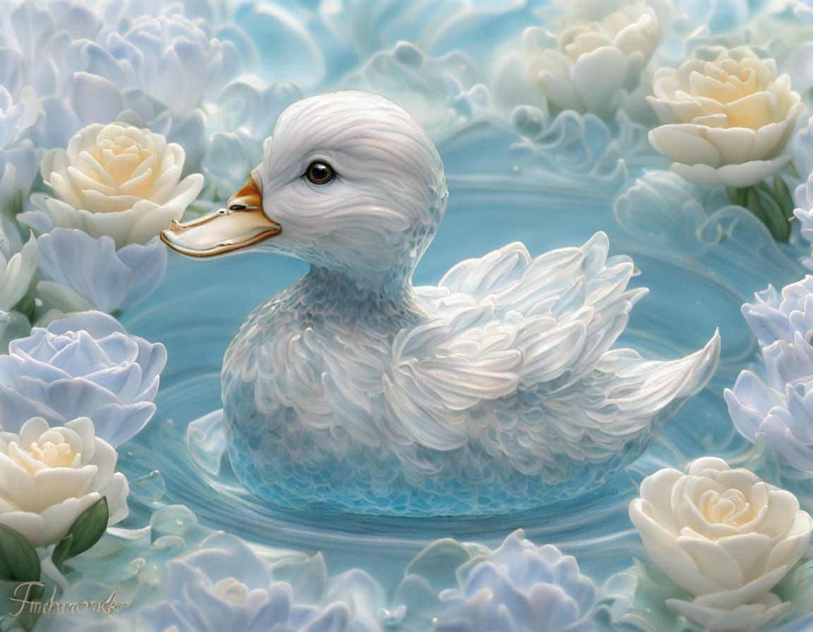 Ethereal Glass Duckling with Flowers in Misty Fantasy Landsc...