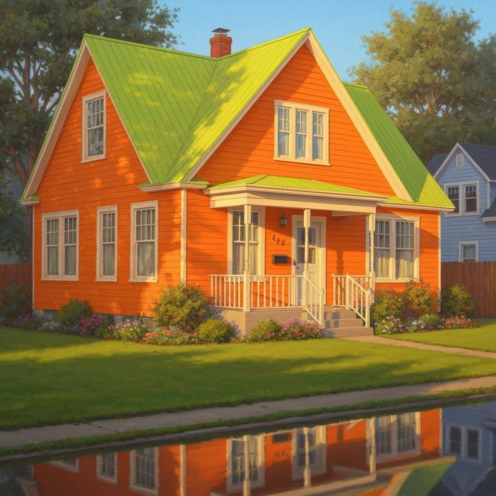 Orange House with Green Roof in Impressionist Style