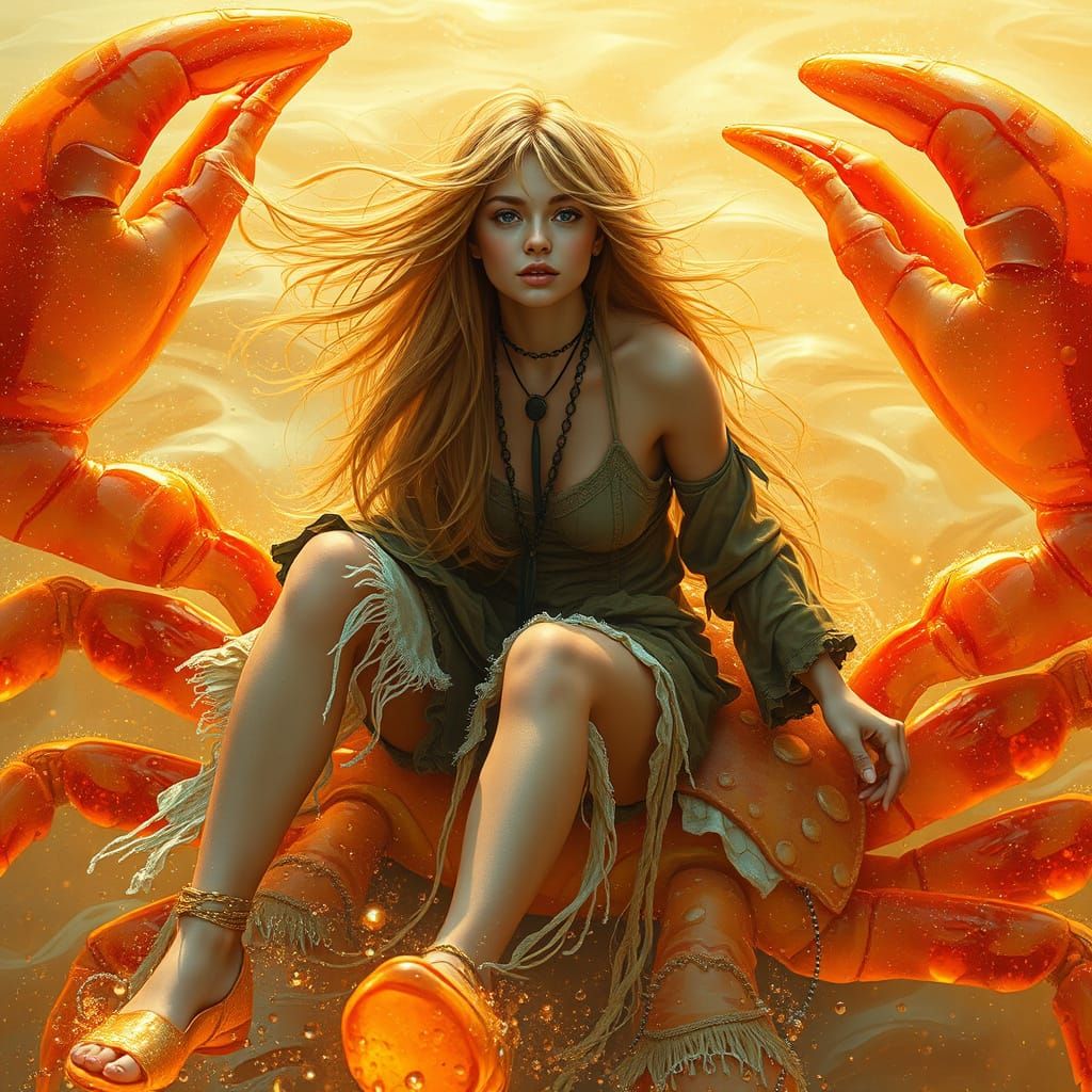 Bohemian Woman Riding Gummy Crab in Soda Sea