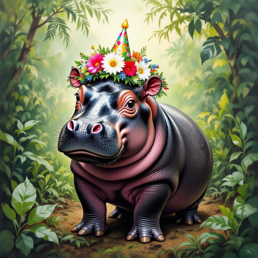 Pygmy Hippo Celebrates Birthday: Charcoal Drawing