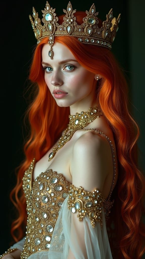 Regal Woman with Red Hair and Golden Crown