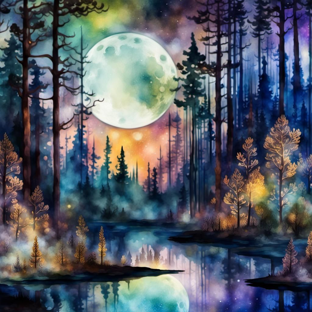 Moonlit Forest Night Scene in Whimsical Watercolor Style