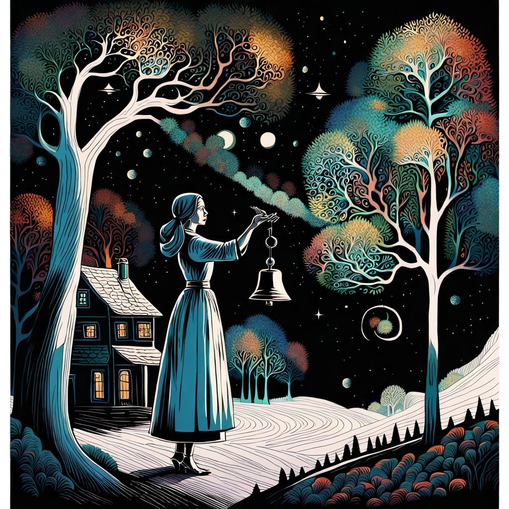 Woman Ringing Bell in Folk Art Style