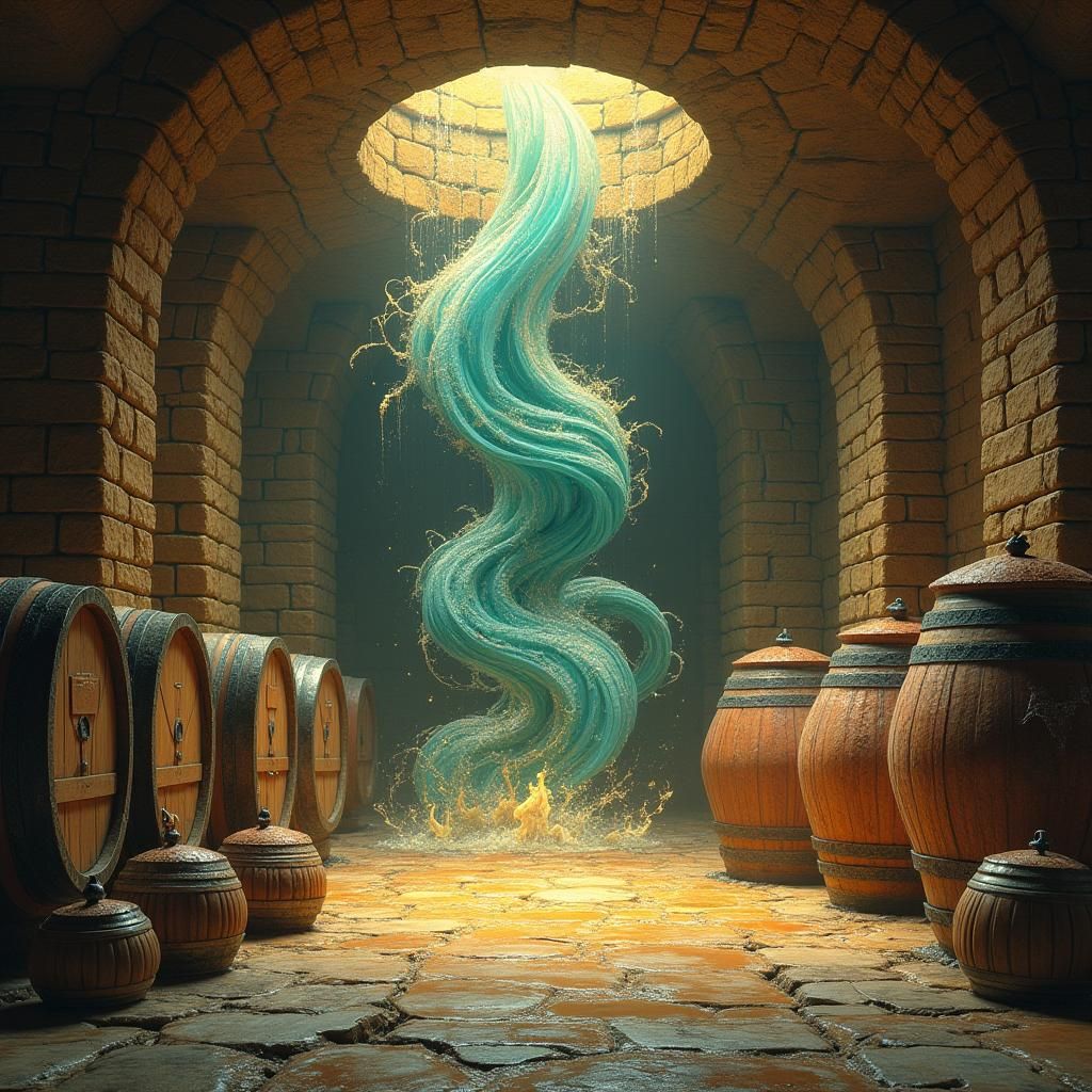 Golden Water Elemental in a Medieval Brewery Vault