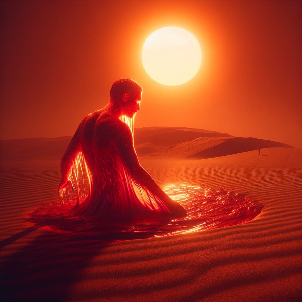Surreal Desert: Man Melting Under Blazing Sun