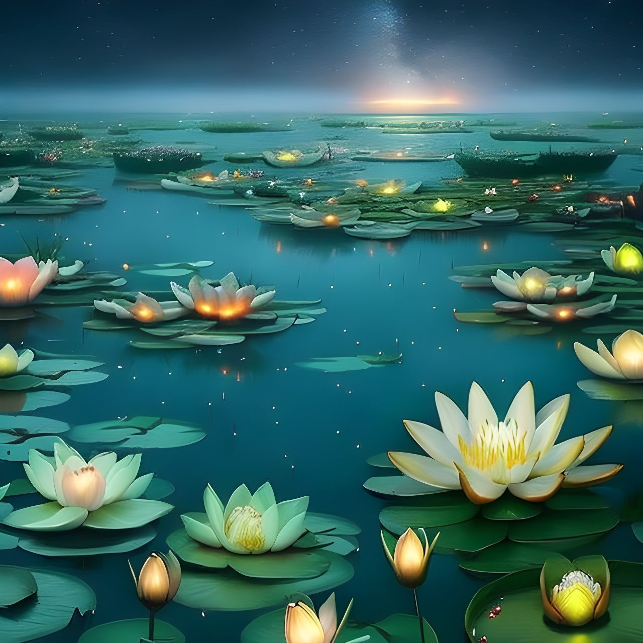 Night Sea Water Lilies with Luminous Stars