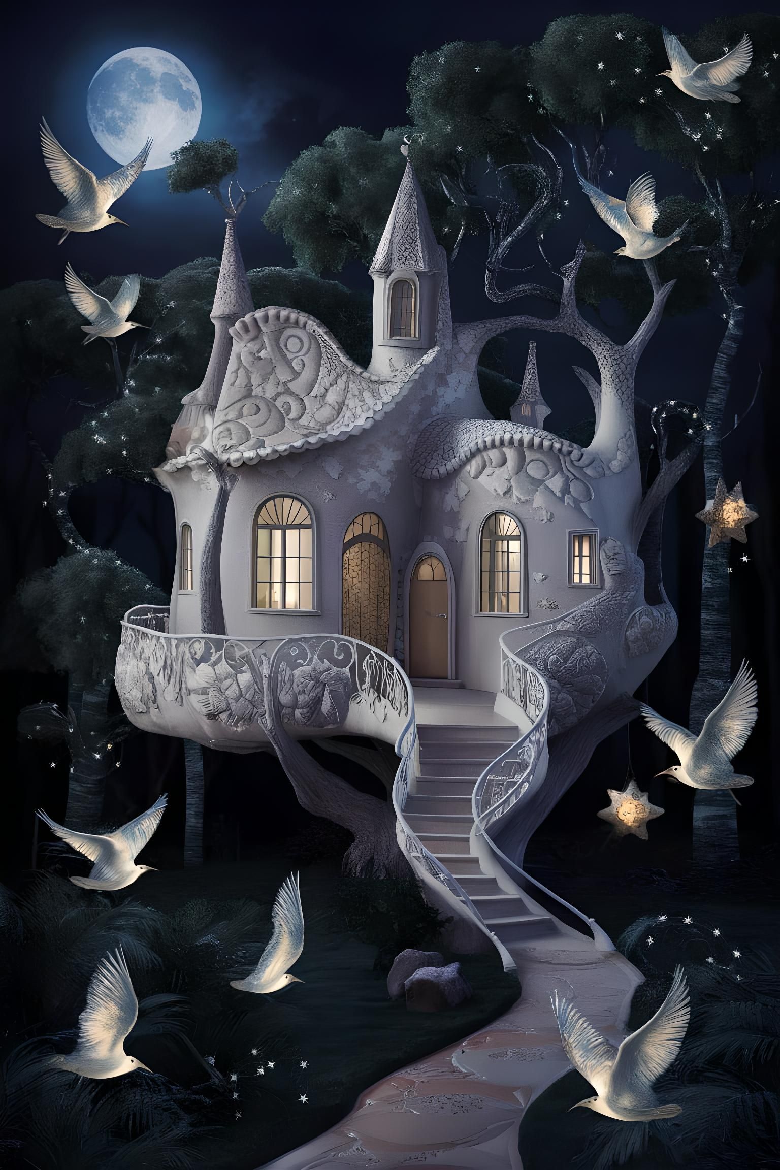 Enchanted Treehouse in Dark Forest, Whimsical Dreamscape