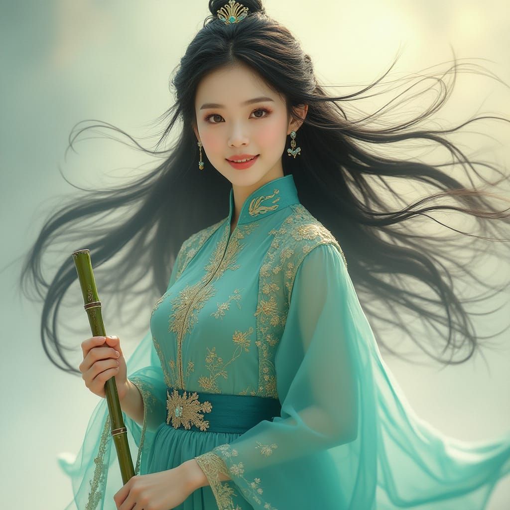 Ethereal Chinese Beauty Against Misty Backdrop