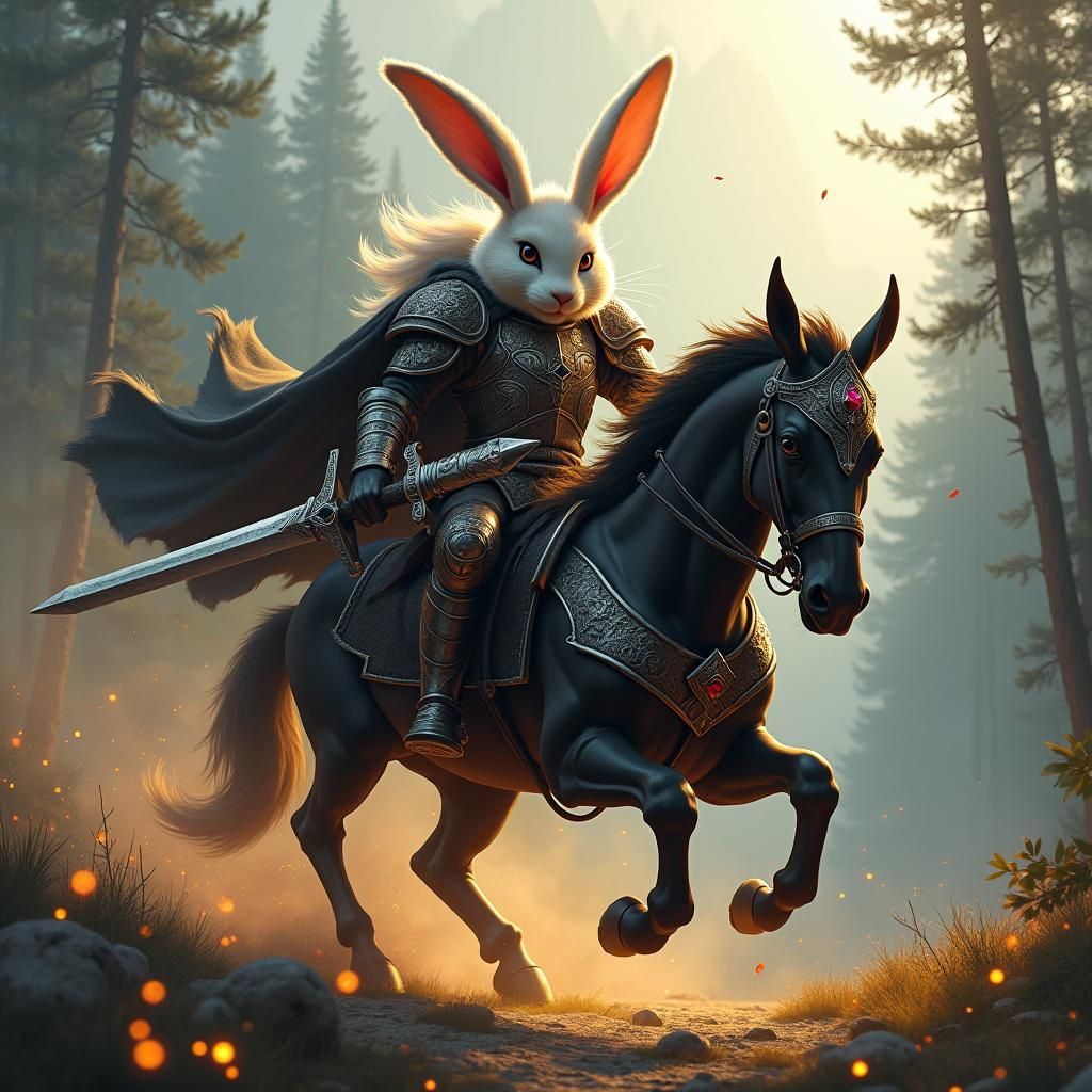 Armored Bunny Warrior on Warhorse in Fantasy Battle