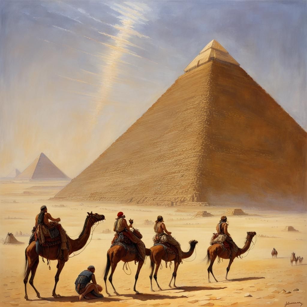 Egyptian Slaves Build Pyramids in Desert Landscape