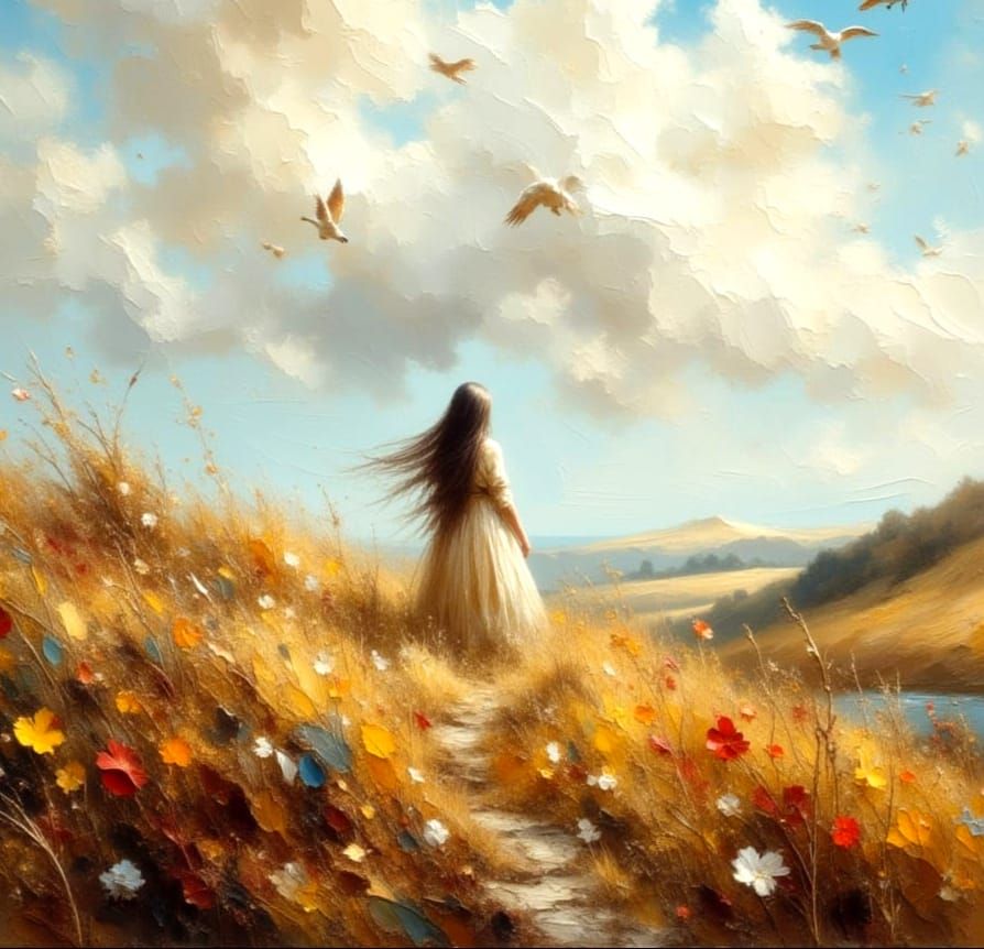 Birds Fly Over Moor in Impasto Style