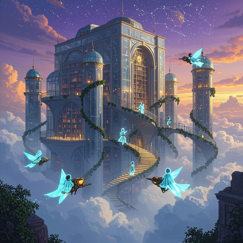 Floating Library with Steampunk Explorers, Surreal Art