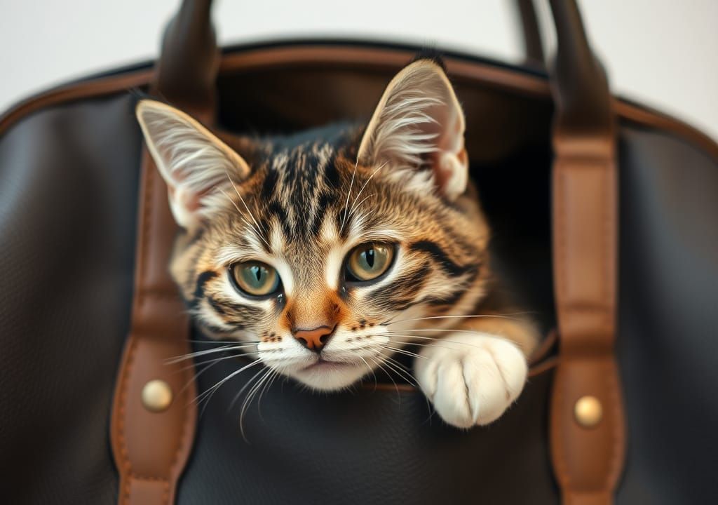 Tabby Cat's Mischievous Peek from Classy Handbag