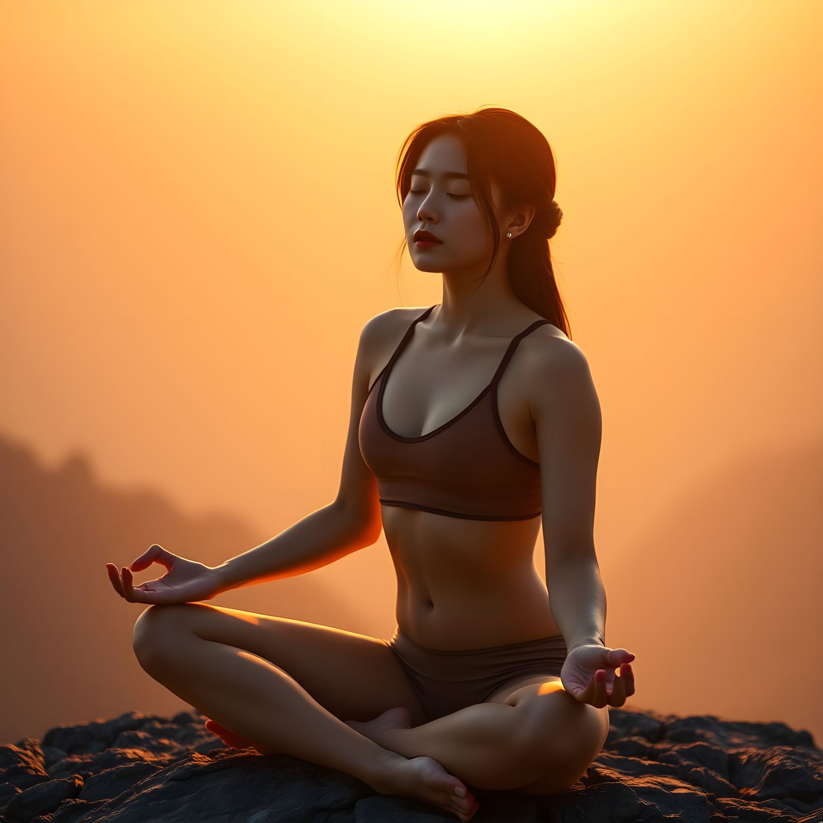 Meditating Woman on Mountain at Sunset: Cinematic Film Still