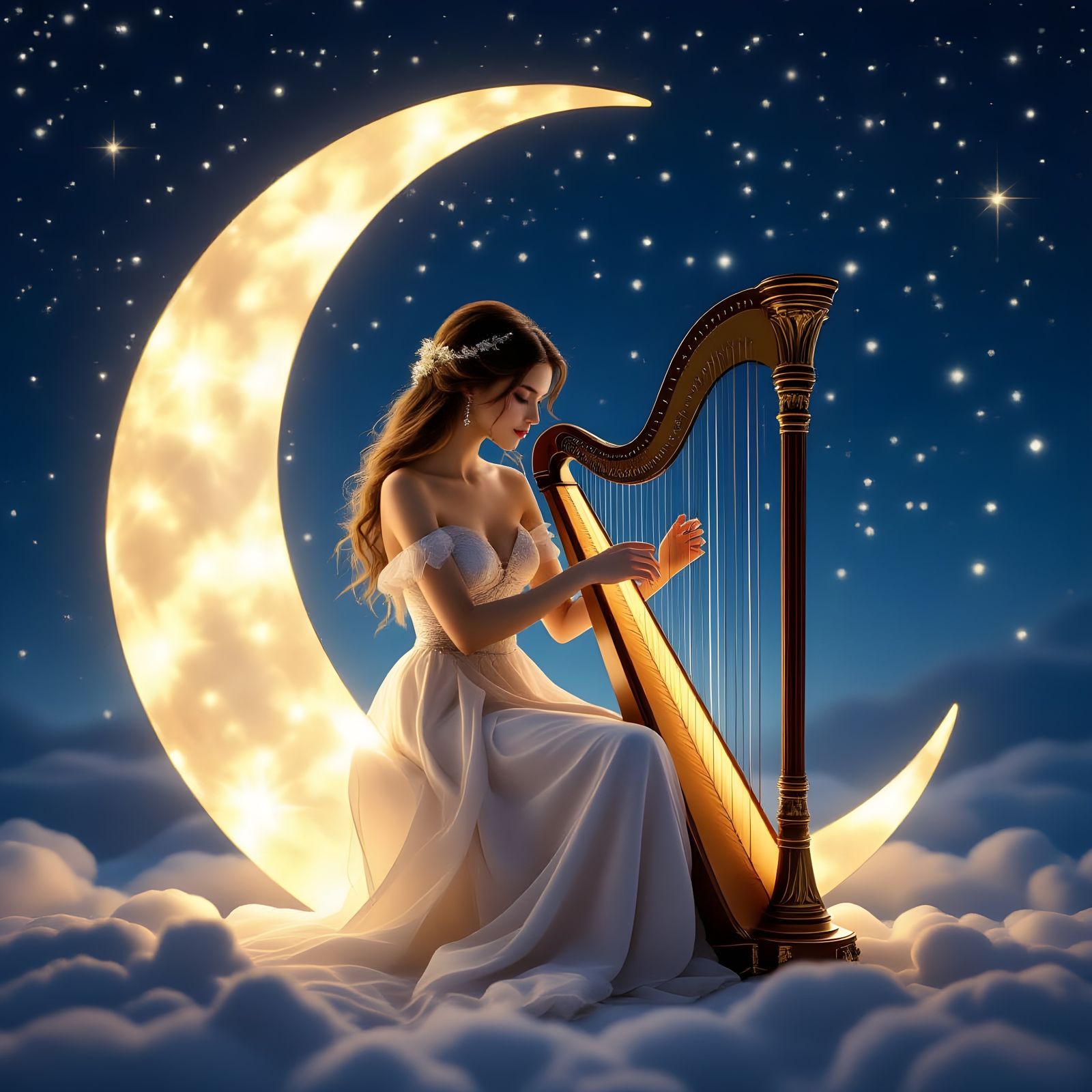 Girl Playing Harp on Moon Under Starry Night Sky