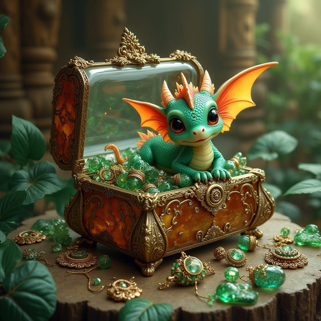 Whimsical Baby Dragon in Glass Jewelry Box Amidst Indian Tem...