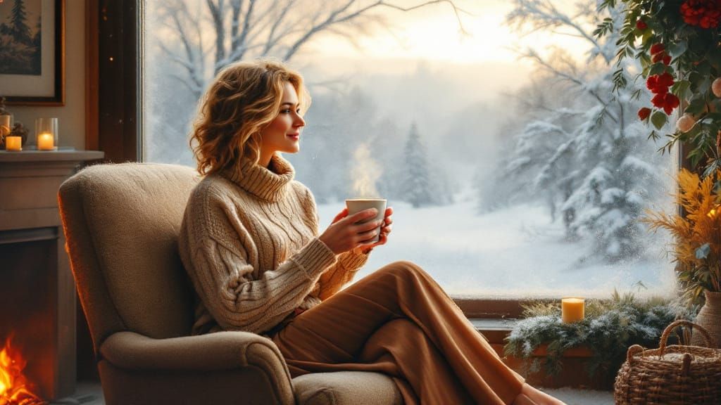 Woman by Fireplace in Impressionist Winter Scene