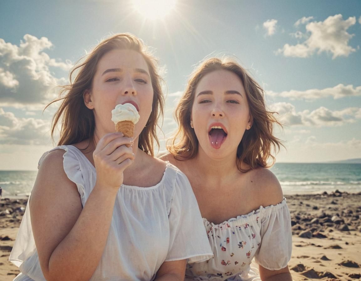 Plus-Size Woman Enjoys Ice Cream on Sunny Beach