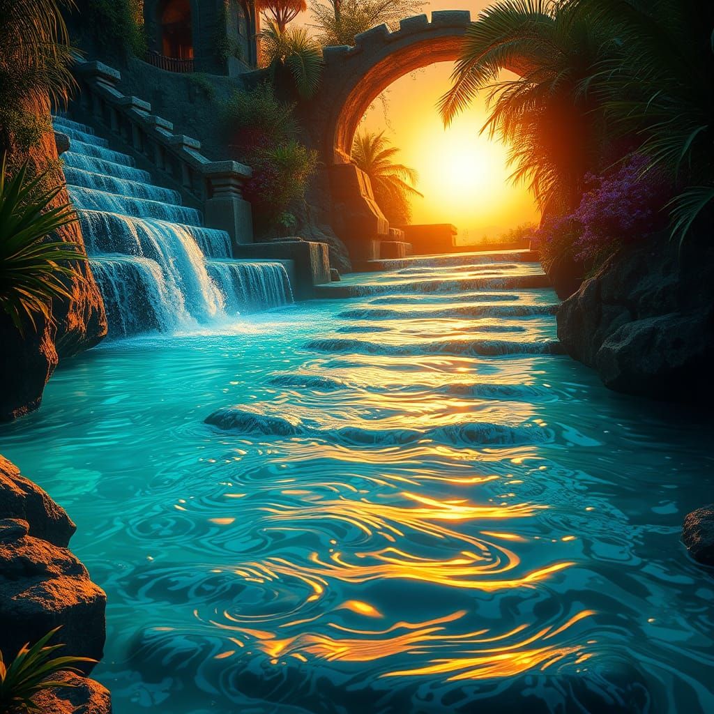 Mystical Waterfall Scene in Detailed Matte Painting Style
