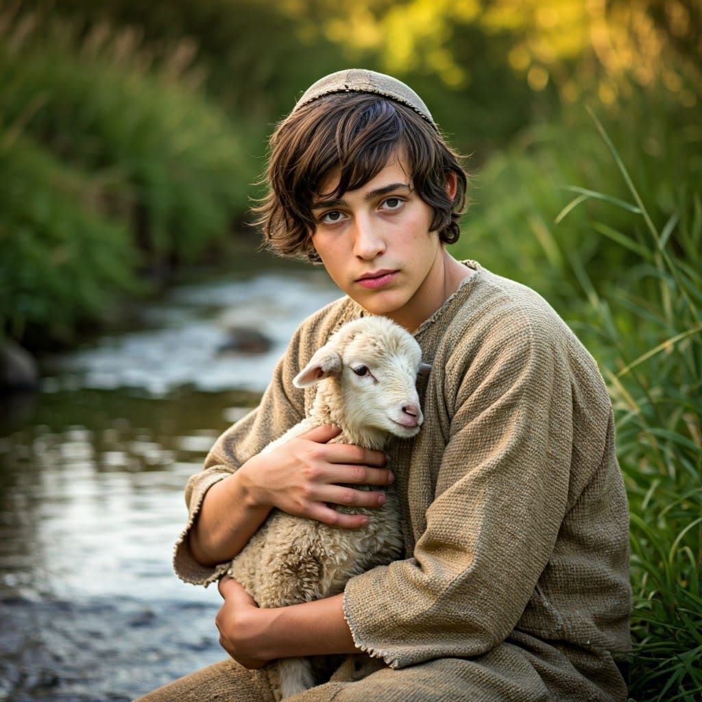 Androgynous Hebrew Youth with Lamb in a Sunlit Landscape