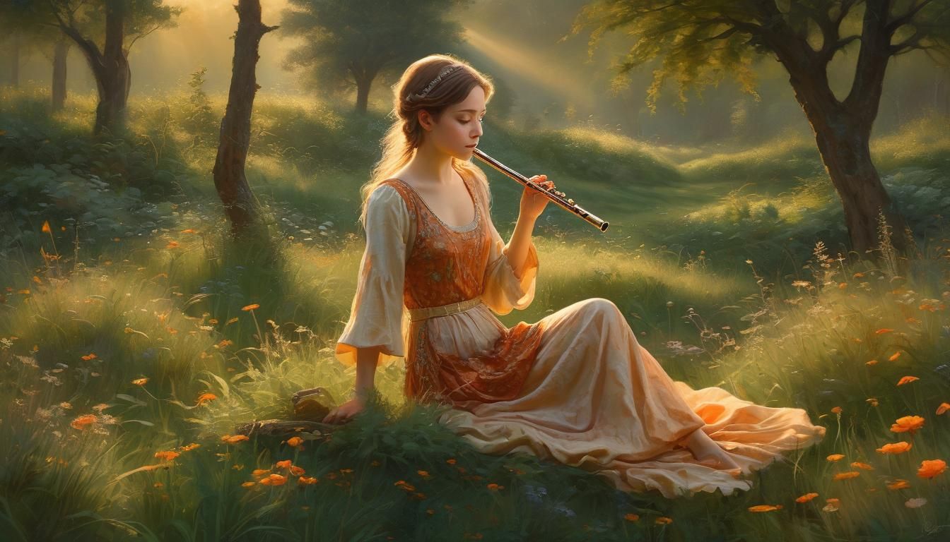 Golden Hour Flute Player in Lush Meadow