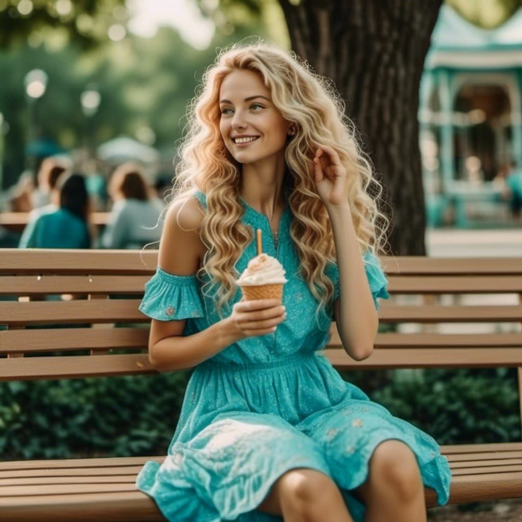 Woman in Blue Sundress Eating Ice Cream
