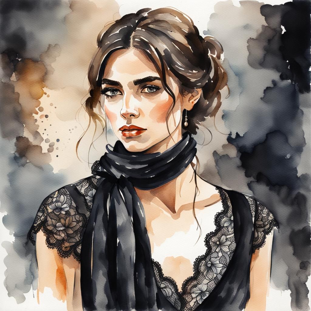Watercolor Portrait of Spanish Woman in Black Lace