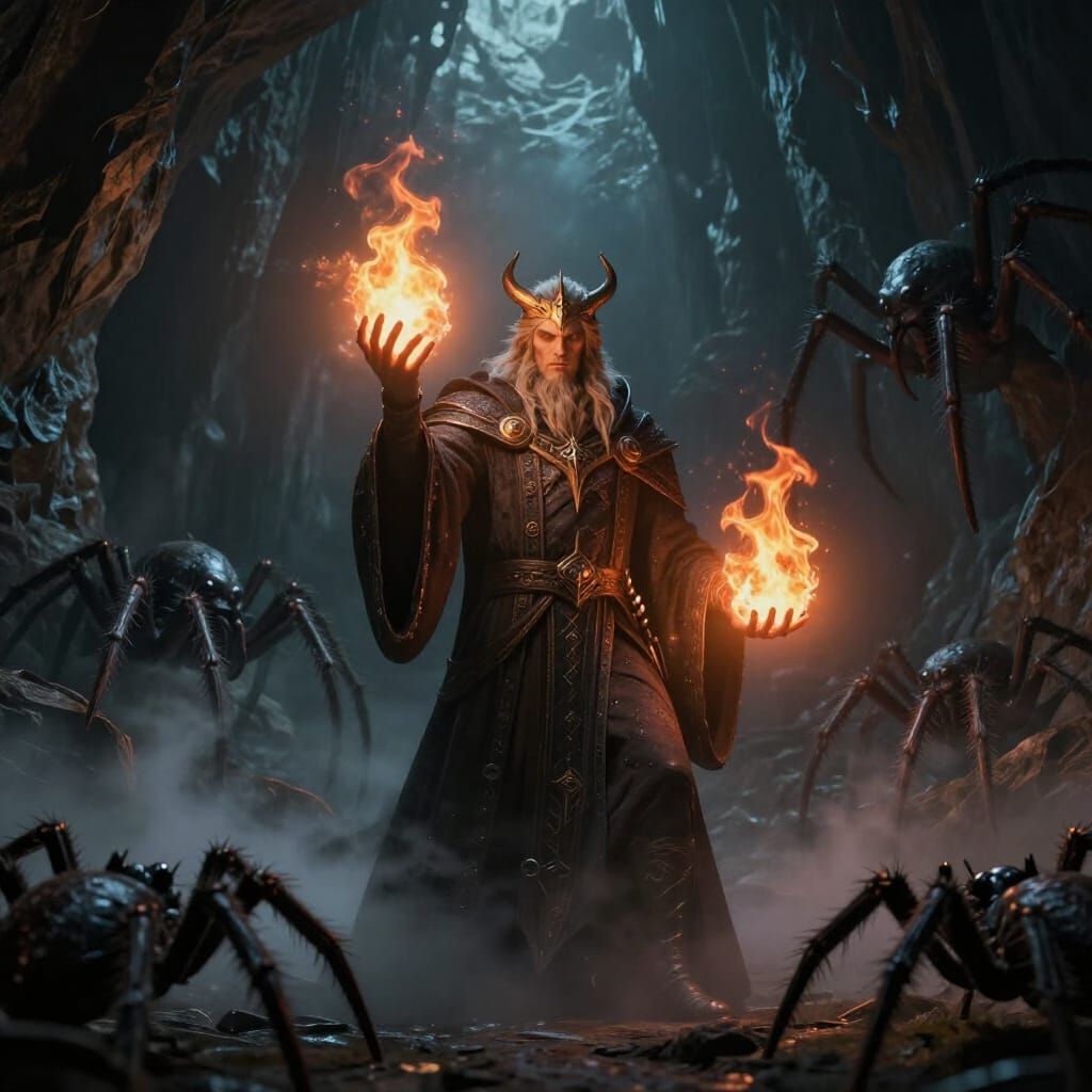 Mage Battles Giant Spiders in Fiery Cave