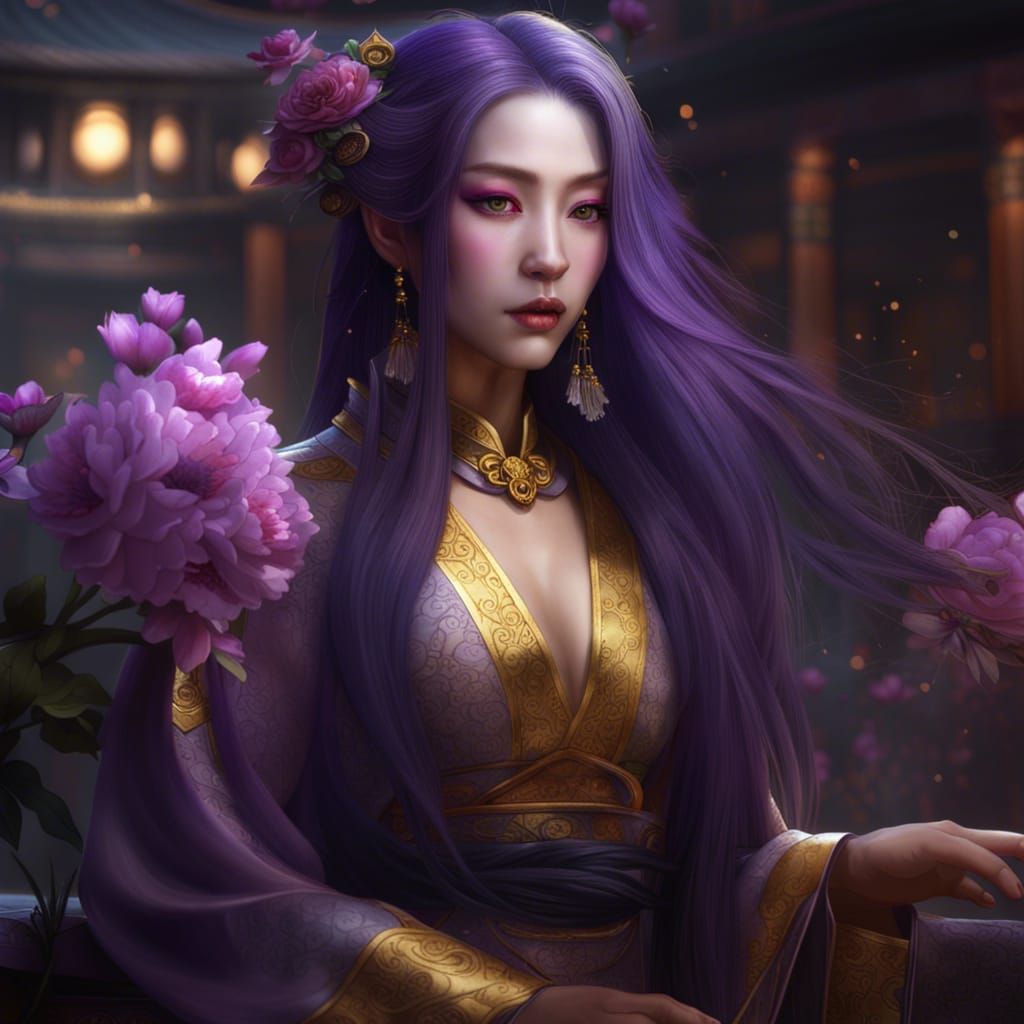 Chinese Woman with Purple Hair, Dark Fantasy Art