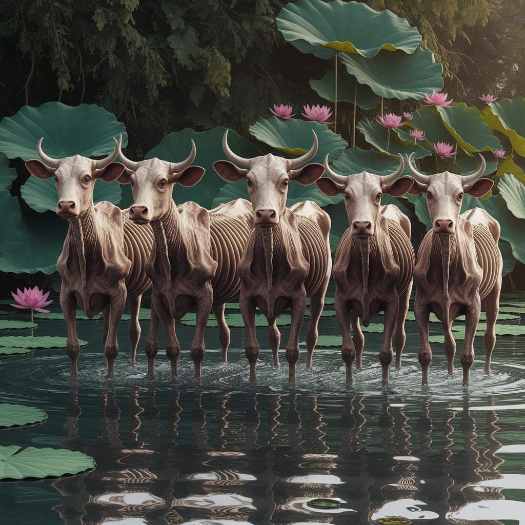 Egyptian Nile River Scene with Emaciated Fantasy Cows in Mat...