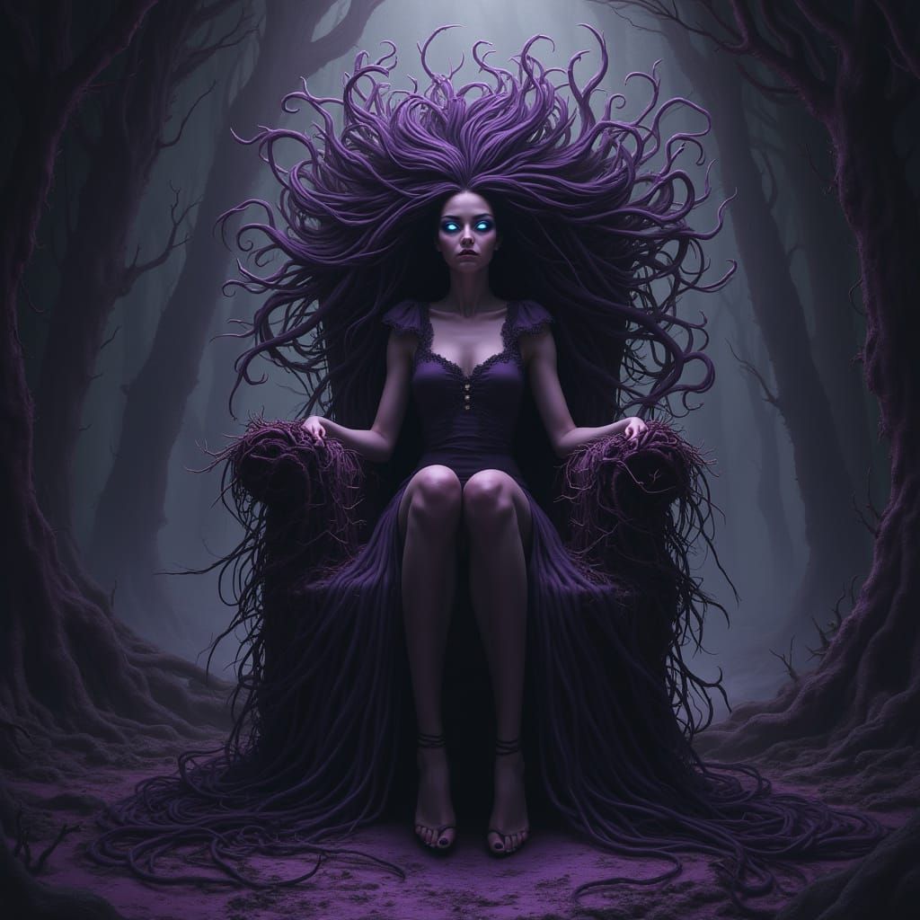 Shadow-Merged Hair Woman on Thorny Throne in Surreal Dreamsc...